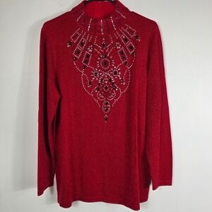 Vintage Once Again Red‎ Sparkle Rhinestone Mock Neck Sz  L Tunic Top